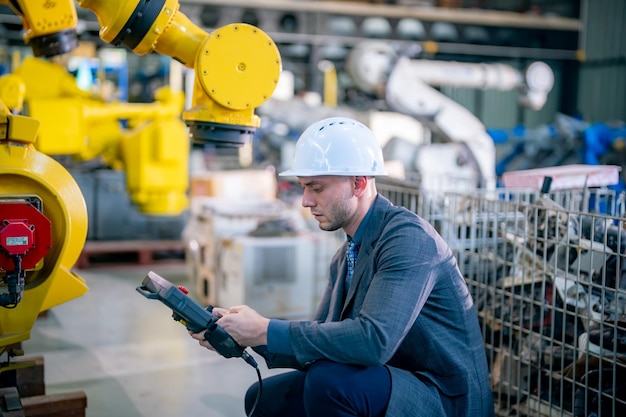 Trabajador inspecciona el brazo robótico en una instalación de fabricación durante el día