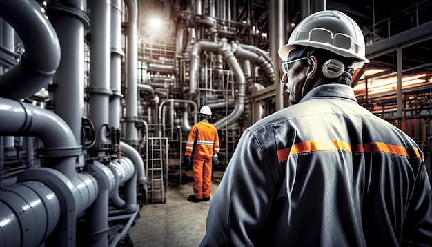 Un trabajador inspecciona tuberías de acero y codos en una instalación petrolera mientras está de espaldas