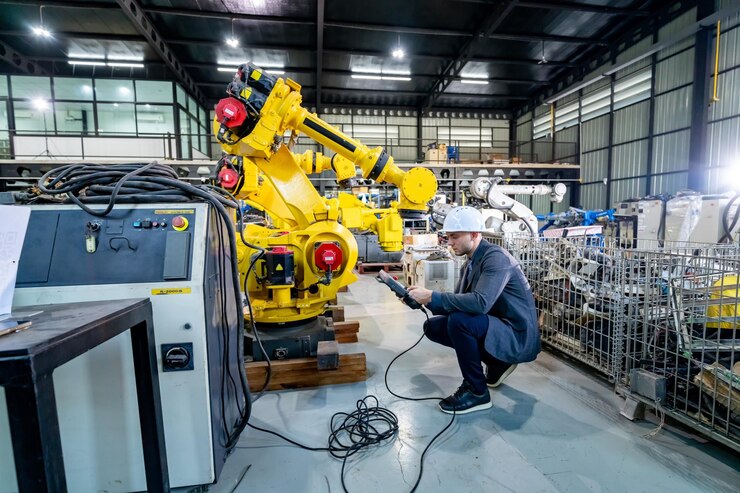 Foto trabajador inspeccionando el brazo robótico en la instalación de fabricación por la tarde