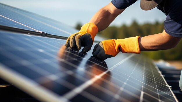 Foto un trabajador instala paneles solares