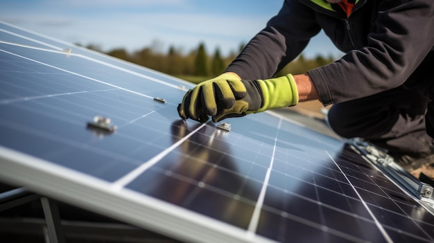 Foto un trabajador instala paneles solares