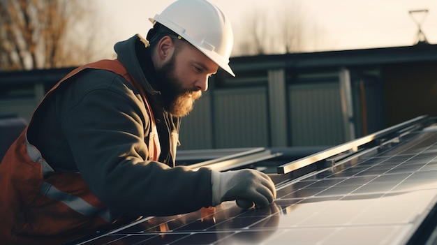Foto trabajador de instalación solar eficiente con equipo de seguridad en servicio de panel