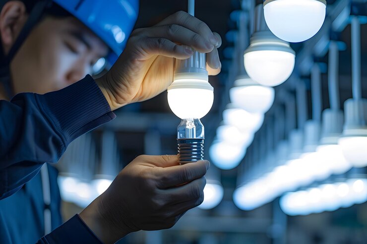 Trabajador instalando bombillas LED en un entorno de fábrica brillantemente iluminado