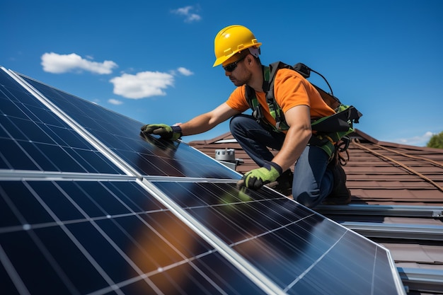 Un trabajador instalando paneles solares en un techo.