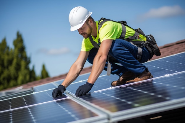 Un trabajador instalando paneles solares en un techo.