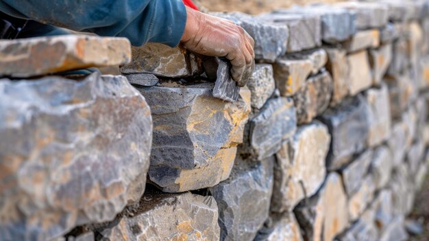 Foto un trabajador instalando piedras decorativas a lo largo de la parte superior de la pared para añadir un toque final a la