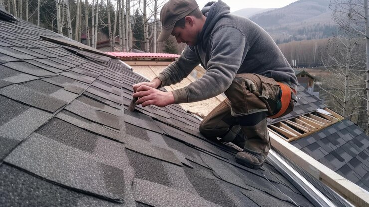 Trabajador instalando tejas de techo golpeando clavos en el material de betún