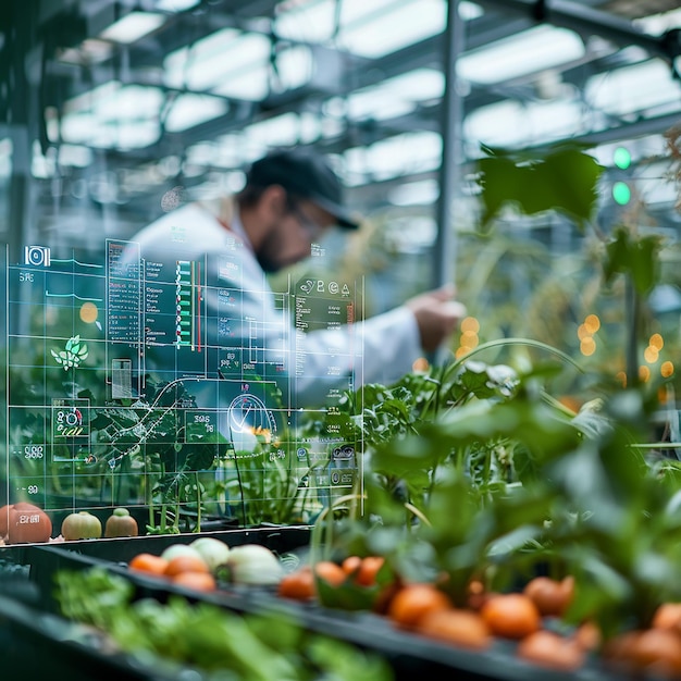 Trabajador de invernadero de alta tecnología que utiliza datos digitales para controlar la salud de las plantas e innovar la agricultura moderna