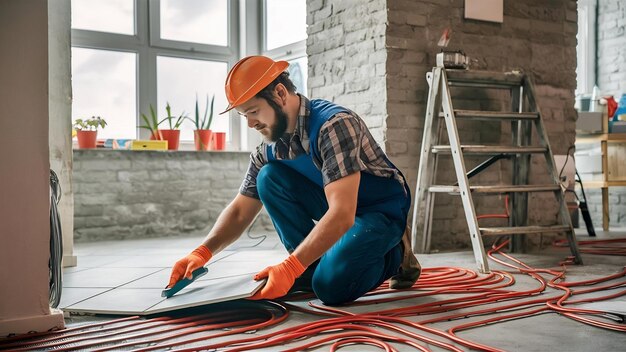 Trabajador joven instalando azulejos de cerámica utilizando una palanca en el suelo de cemento con calefacción eléctrica roja