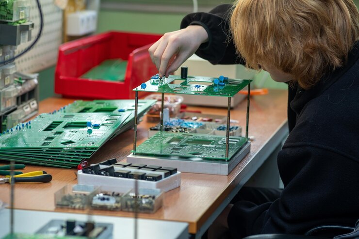 Foto trabajador joven que ensambla equipos electrónicos en un taller