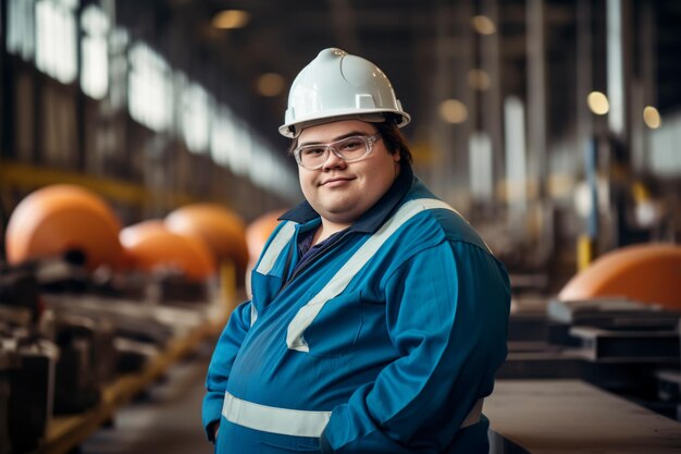 Trabajador joven con síndrome de Down que trabaja en una fábrica industrial Inclusión social e integración