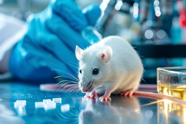 Foto trabajador de laboratorio sosteniendo un ratón