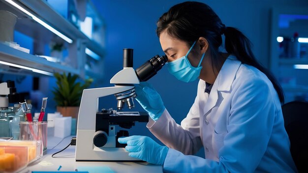 Un trabajador de laboratorio trabajando con un microscopio moderno mientras lleva a cabo una investigación de coronavirus