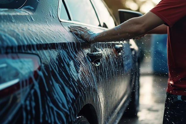 Trabajador lavando auto con esponja en lavado de autos