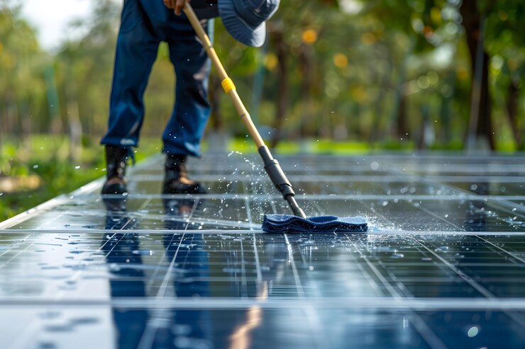 Trabajador limpiando paneles solares para garantizar una eficiencia óptima