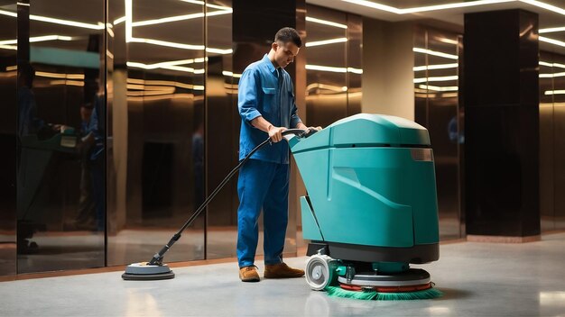 Un trabajador limpiando el piso con la imagen de la máquina depuradora