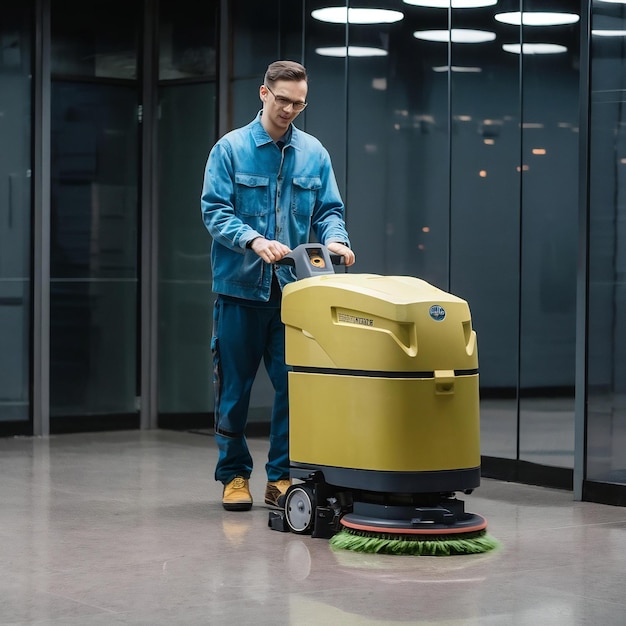 Un trabajador limpiando el piso con la imagen de la máquina depuradora