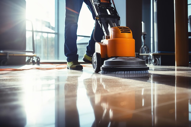 Foto trabajador limpiando el piso con una máquina de alta velocidad