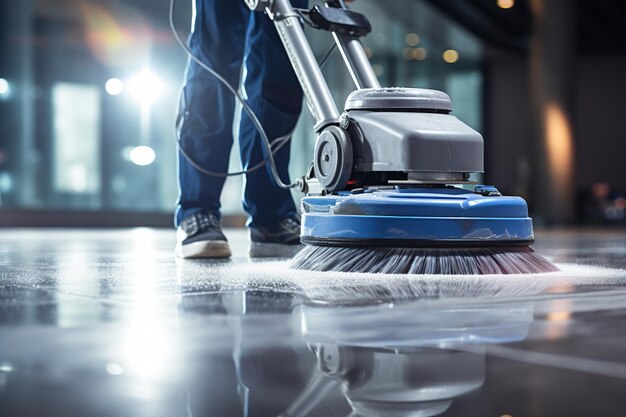 Trabajador limpiando el piso con una máquina de alta velocidad