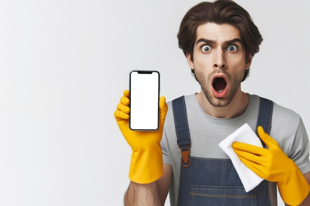 Trabajador de limpieza con un teléfono inteligente con una pantalla de maqueta blanca sobre un fondo blanco