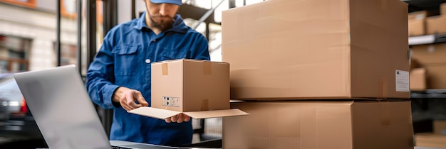 un trabajador lleva cajas de un almacén