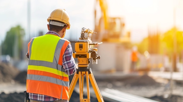 Foto el trabajador está llevando a cabo una encuesta para determinar distancias alturas y rodamientos utilizando un instrumento de tránsito en la ubicación del edificio