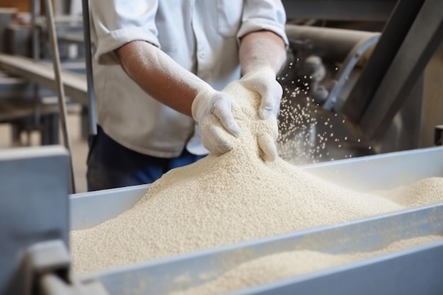 El trabajador de manos de primer plano sostiene grano para la producción de harina blanca en un molino moderno automatizado para pan