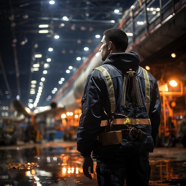 Un trabajador de mantenimiento de aviación de pie en un hangar con un avión