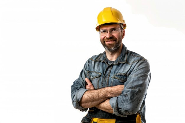 Trabajador de mantenimiento confiado con casco amarillo