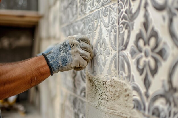 Trabajador manual que azulejos pared ornamental en el concepto de renovación DIY