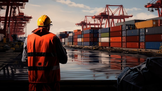 Foto trabajador masculino con carga naranja en el puerto