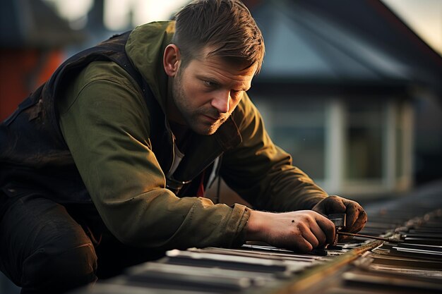 trabajador masculino caucásico profesional trabajando en el techo retrato de hombre barbudo