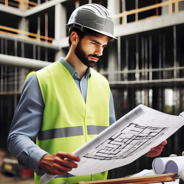 Foto un trabajador masculino de la construcción con un casco y ropa de alta visibilidad examina un plano