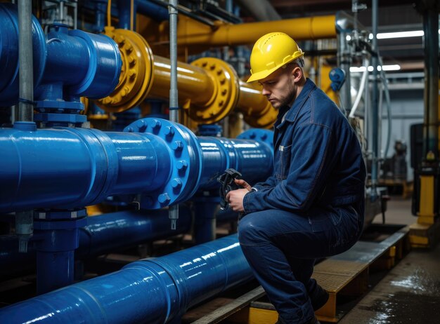 Un trabajador masculino en una estación de suministro de agua inspecciona el equipo de válvula de bomba de agua en un gran complejo industrial tuberías de agua fontanería industrial