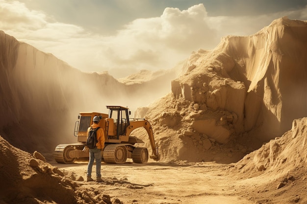 trabajador masculino con excavadora en una cantera de arena