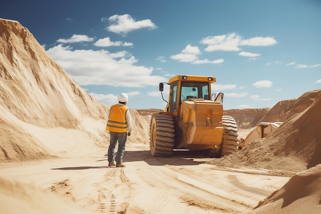 trabajador masculino con excavadora en una cantera de arena