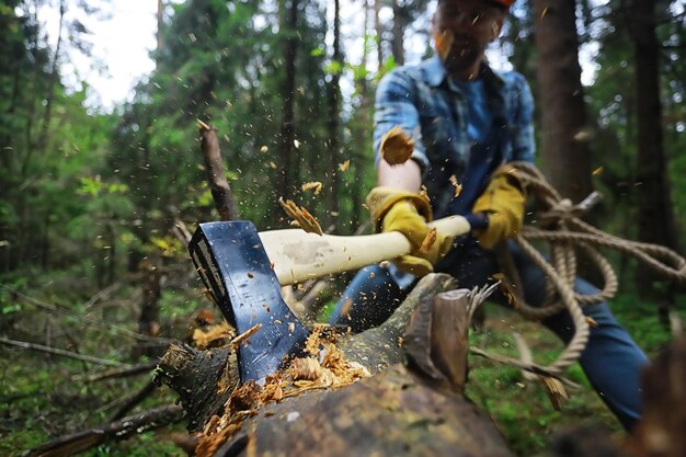 Trabajador masculino con un hacha cortando un árbol en el bosque