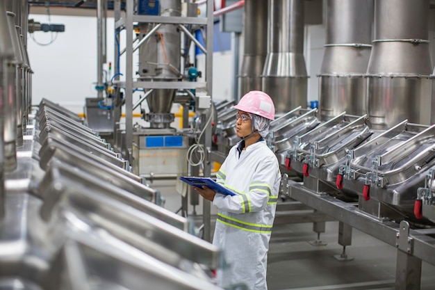 Foto trabajador masculino inspeccionando el proceso de bebida alimenticia en la fábrica vertical de fabricación de acero inoxidable