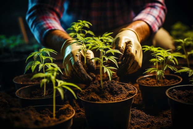 un trabajador masculino en un invernadero cuida los arbustos de cannabis medicinal Cannabis legal comercial