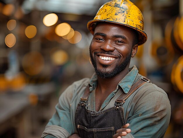Un trabajador masculino negro en mono y un sombrero rígido sonríe