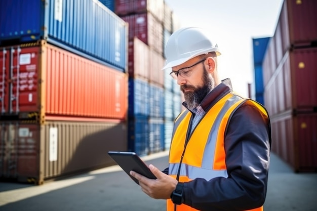 Trabajador masculino del patio de contenedores que trabaja usando una tableta digital revisando las cajas de los contenedores antes de controlar la carga