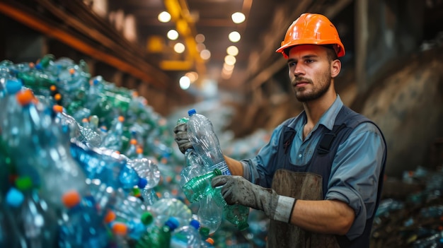 Un trabajador masculino que trabaja en una planta de reciclaje sostiene botellas y tabletas de plástico para deshacerse y reciclar botellas de plástico en una pequeña planta de reciclado de residuos