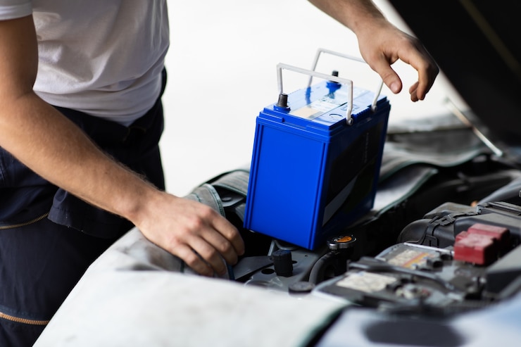Trabajador mecánico de automóviles comprobando y cambiando la batería del coche. Concepto de garaje de mantenimiento y servicio automático de automóviles.