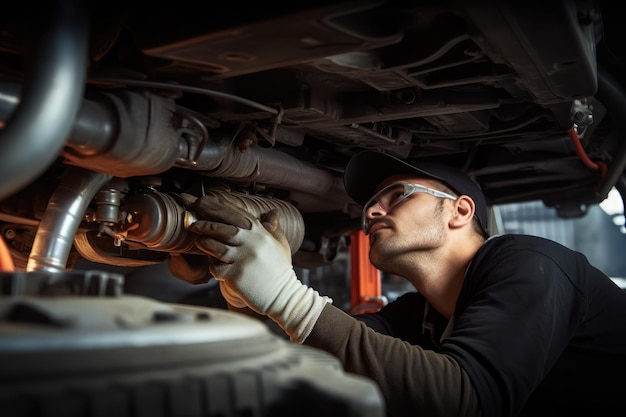 Trabajador mecánico de automóviles en el garaje revisando y arreglando un automóvil