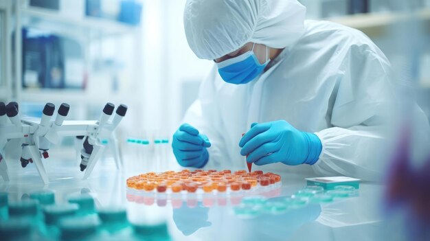 Un trabajador médico con bata y guantes examina cuidadosamente una tableta de Petri con bacterias.
