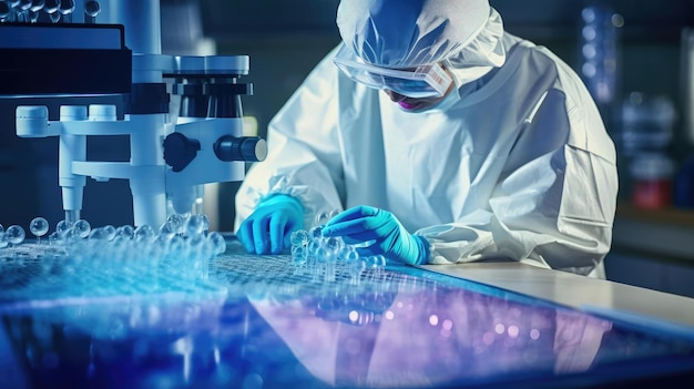 Un trabajador médico con bata y guantes examina cuidadosamente una tableta de Petri con bacterias.