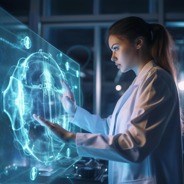 Foto trabajador médico toca revolución médica virtual y avance de la tecnología inteligencia artificial ai