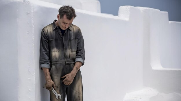 Foto el trabajador melancólico posando contra la pared blanca