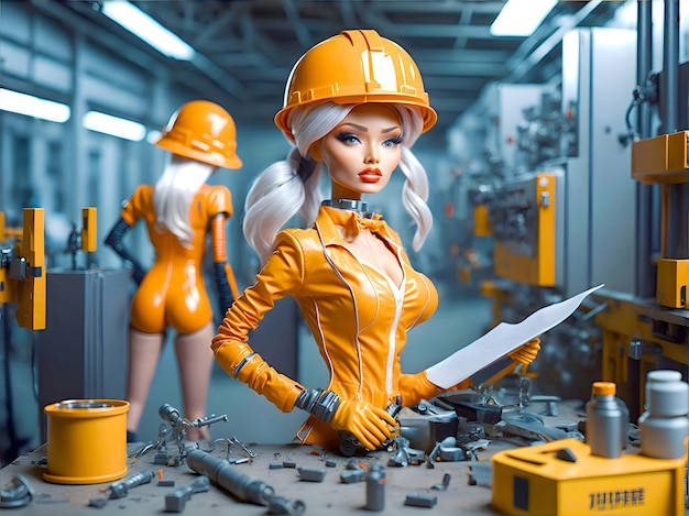 Trabajador de muñeca hermosa en concepto de día de trabajo de casco Retrato de mujer joven ingeniero que trabaja en fábrica industrial