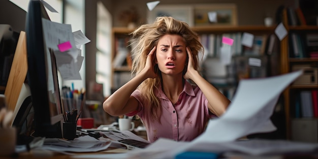 Trabajador de oficina abrumado en medio del caos ambiente de trabajo estresante presión de plazo y escritorio desordenado estrés de estilo de vida profesional IA